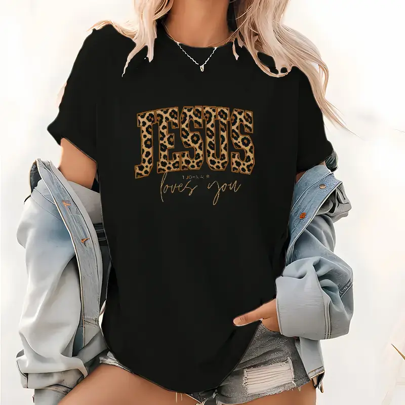 Unisex Christian Graphic T-Shirt with Cheetah Print Cross, Soft 100% Cotton Streetwear, Round Neck Short Sleeve Faith Apparel, Tshirt, Top, Shortsleeve, Classic Fit, Cross Graphic, Digital Print, M, Casual, Cross Print