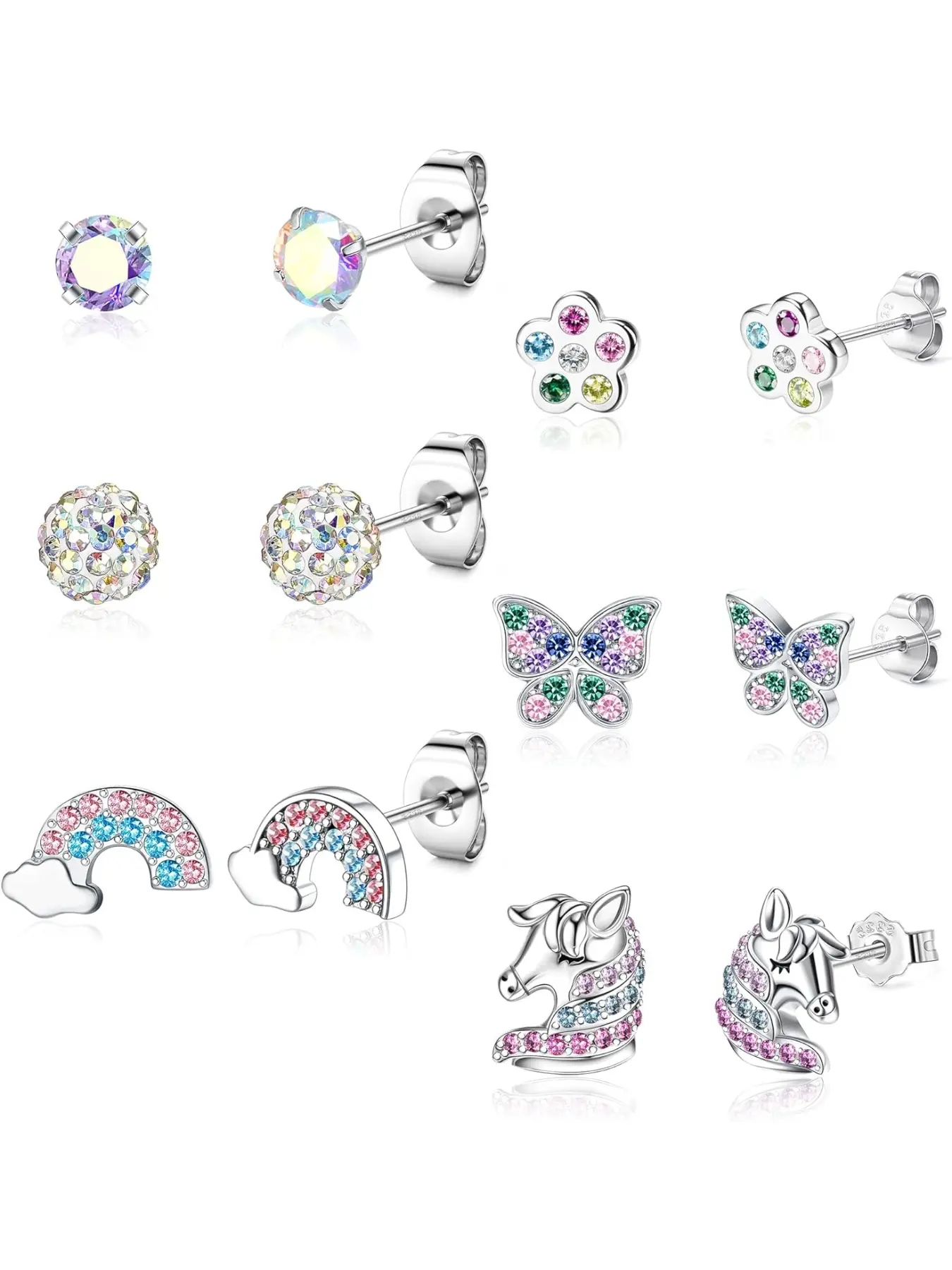 925 Sterling Silver Kids Earrings for Girls - 6 Pairs Cubic Zirconia Stud Earrings - Hypoallergenic Heart Star Designs With Gift Box - Birthday Christmas Gifts for Daughter Pretty Studs