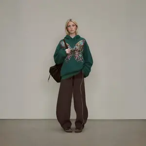 TCH -Dark green  Butterfly  Rhinestone  Hoodie  Unisex   Retro Texture Hooded Sweater  Stylish Retro Design for Layering