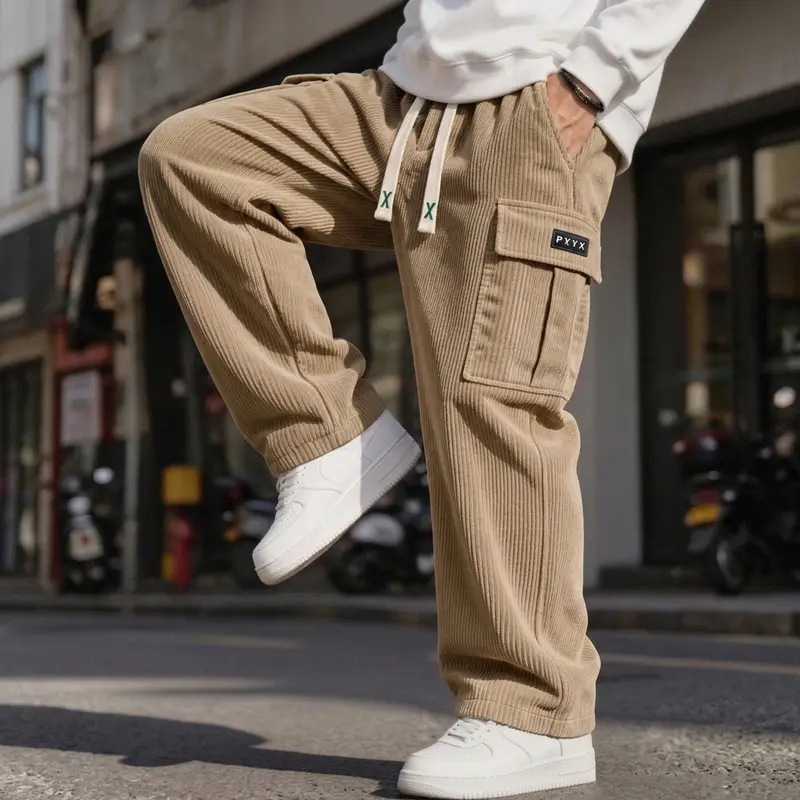 Men’s fashion casual loose wide-leg pants — menswear, elastic drawstring waist, large side pockets, street-style trend, suitable for young adults’ autumn/winter commuting wear