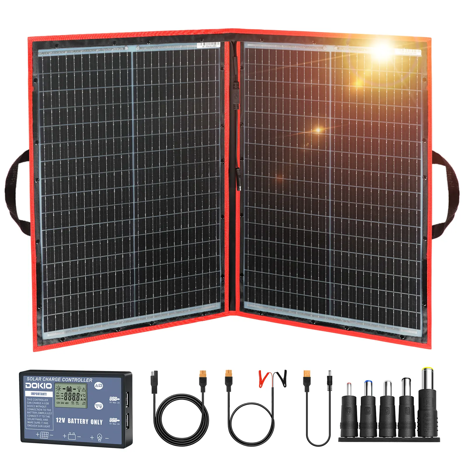 DOKIO 95W 18V Portable Foldable Outdoor Solar Panel Kit (21x28in, 5.9lb) with Solar Controller, 2 USB Outputs for 12V Batteries/Power Stations (AGM, LiFePO4, Jackery) - Outdoor RV Camping Power Backup