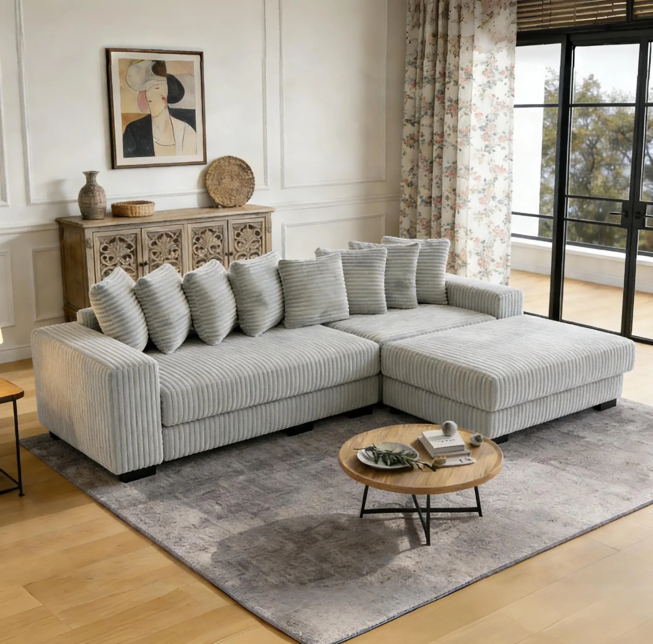 【Sub 3 packages】Niccae 111-in Modern L-Shape Corduroy Upholstered Sectional with Recliner, Chaise, Extra-Wide Lounge Loveseat & 8 Free Pillows - Luxury Sofa Set, Living Room Furniture, Couch for Living Room, Apartment Furniture