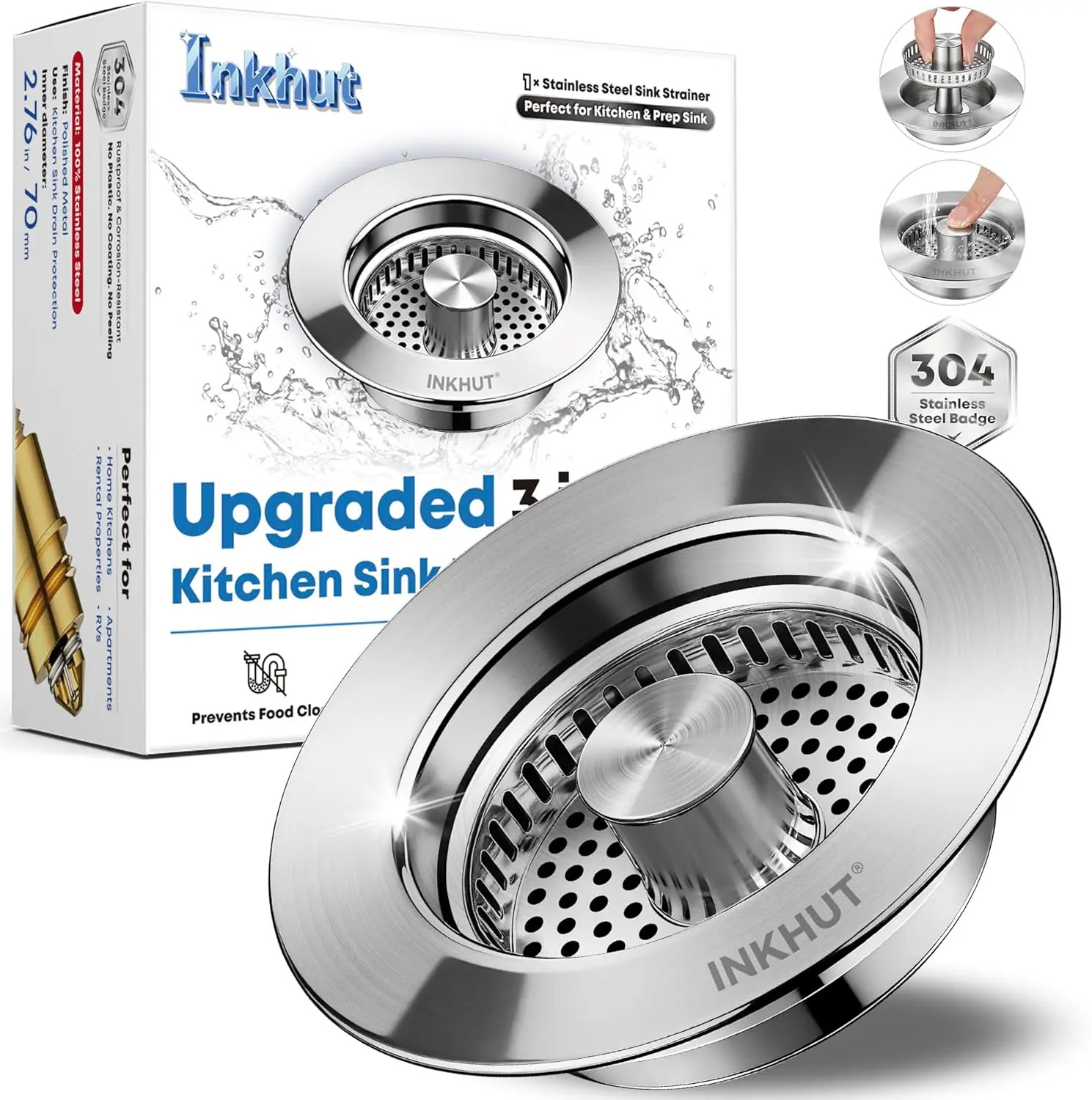 3 in 1 Kitchen Sink Drain Strainer and Stainless Steel Sink Stopper Food Catcher Basket Fast Drainage Anti Clogging Odor Filter Sink Plug Replacement Accessories for US Standard 3 1/2 Inch Garbage Disposal Kitchen Sink Drain