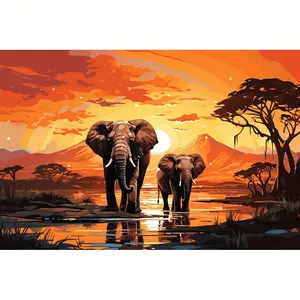 Round Diamond Shape, Full Rhinestone Painting, 5D Diamond The Elephants, with No Frame, for DIY Handmade Home Room Office Decor, Diamond Painting Kits