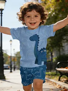 Long-necked dinosaur digital printed T-shirt, digital printed baby short-sleeve set, baby children's clothing, Fun and playful, suitable for daily and outdoor sports, The T-shirt is 100% polyester, a gift for babies and toddlers!