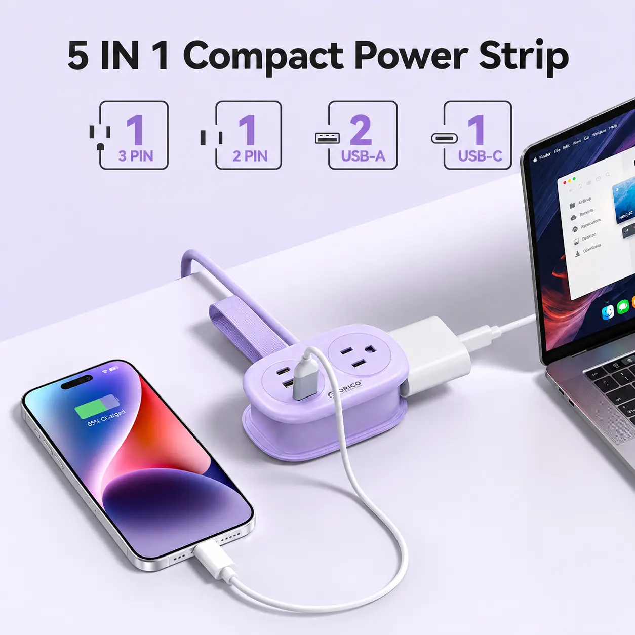 ORICO 5-in-1 Compact Outlet Extender Sockets, Multi-Device Charging Station with Built-in Cordwrap, 3.7ft US Plug Extension Cord, 3-Prong & 2-Prong Ports, USB-A & USB-C, for Dorm Users