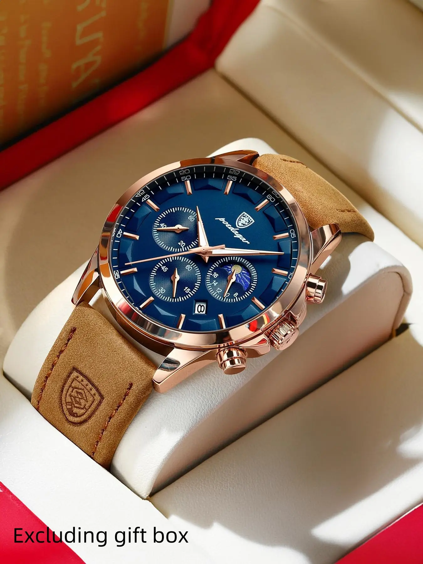 POEDAGAR Luxury Men's Quartz Watch Leather Waterproof Night Light Watch Casual Men's Chronograph Date Men's Watch with Gift Box Modern Waterproof Watch Casual Trendy Wristwatch Analog Watches