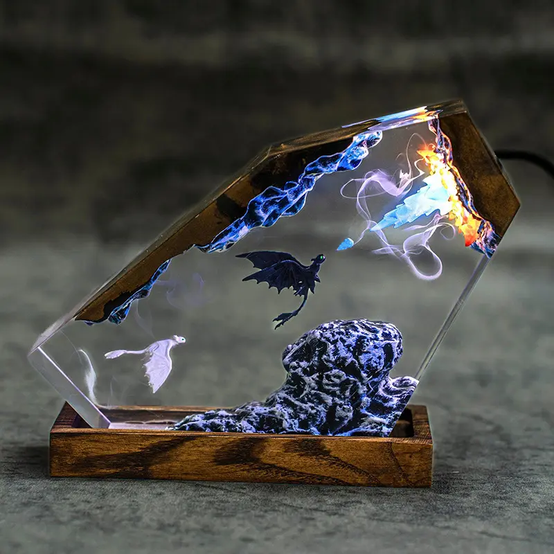 Handmade Resin Epoxy LED 3D Diorama Glow Dragon Nightstand Lamp - USB-Powered, Wooden Base, Remote Control, Flicker-Free, Dragon Theme Decor, Birthday Housewarming Christmas Gift Idea