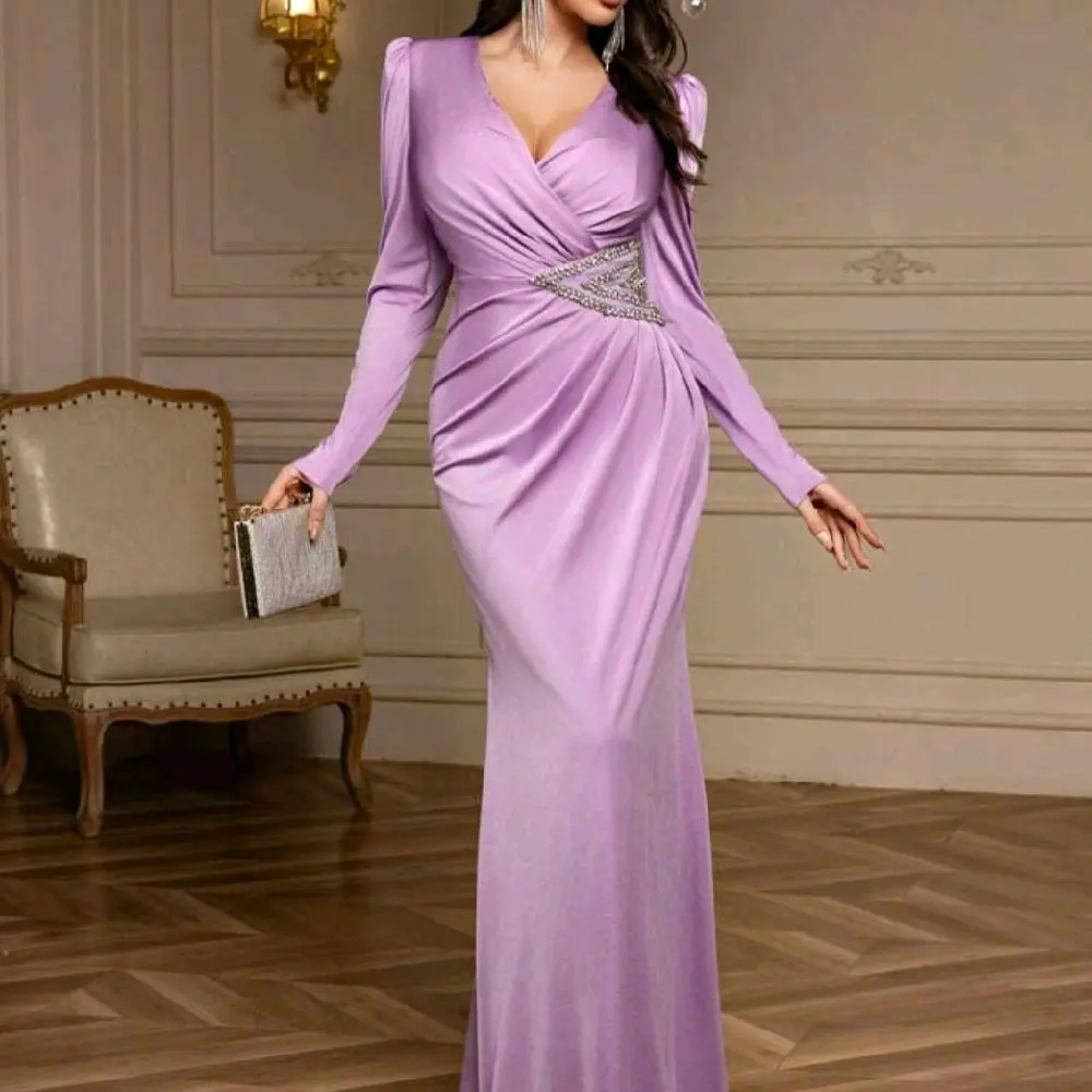 Overlay V-Neck Shoulder Pads Long Sleeves Waist Decoration Ruched Dress Prom Evening Wedding Guest Dress Suitable For Graduation Ceremony, Dinner, Party Dress, Formal Dress,Gown