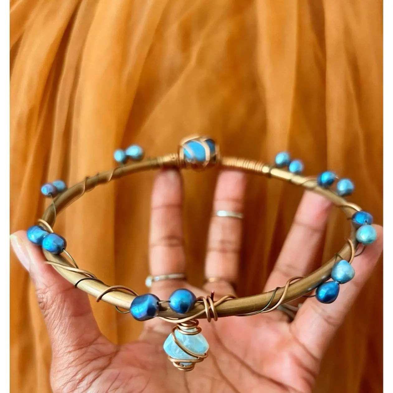 Handmade 1-of-1 Copper Crown Headpiece - Fashion Hair Accessory with Freshwater Pearls, Blue Aventurine Focal Stone, Natural Baroque Pearl Statement Jewelry