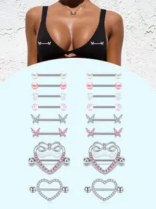 Stainless Steel Nipple Rings Set for Women, Heart-Shaped Barbell Studs with Shiny Zirconia Stones, Body Piercing Jewelry Kit, 8 Pieces