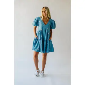 The Wagner Daisy Puff Sleeve Romper in Light Denim