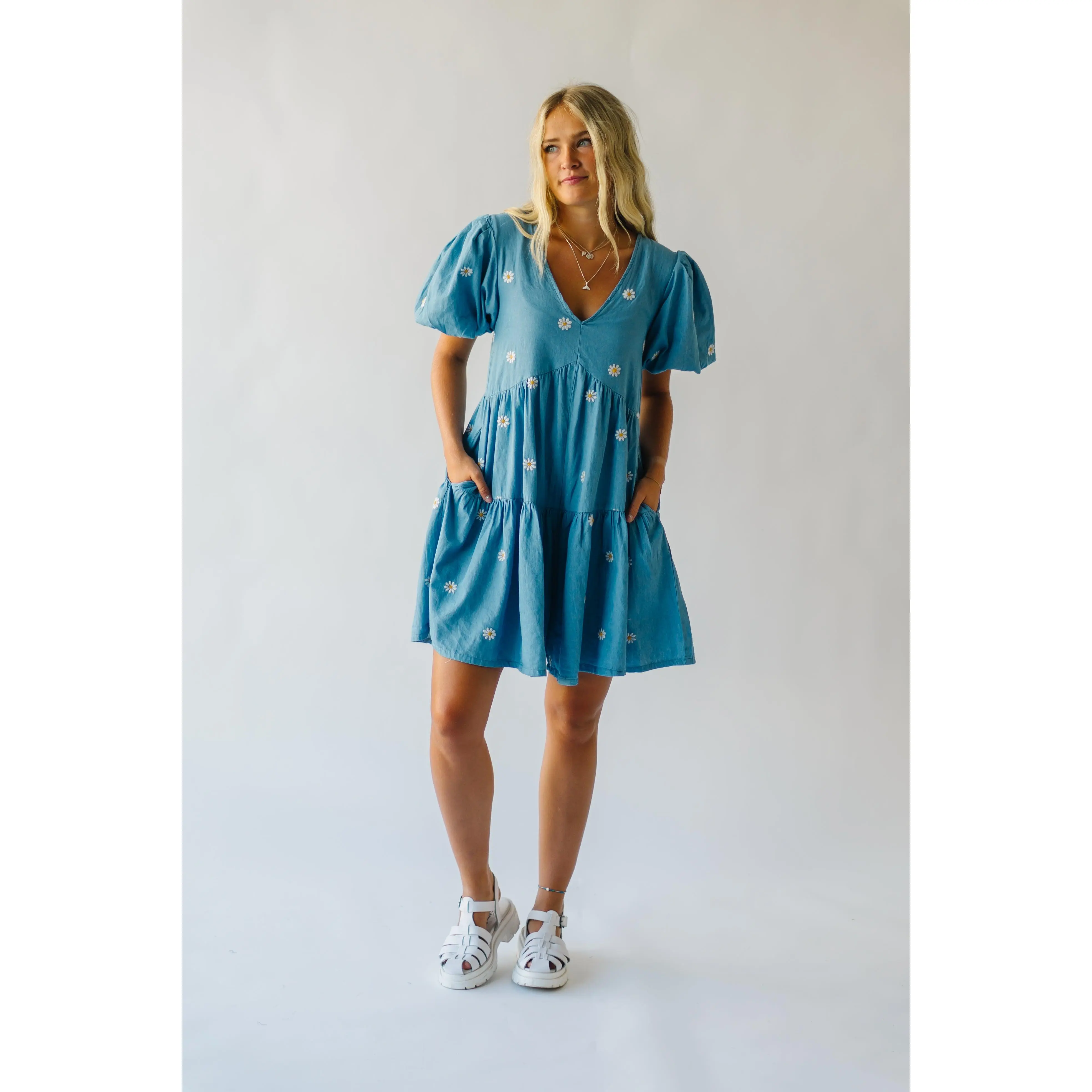 The Wagner Daisy Puff Sleeve Romper in Light Denim