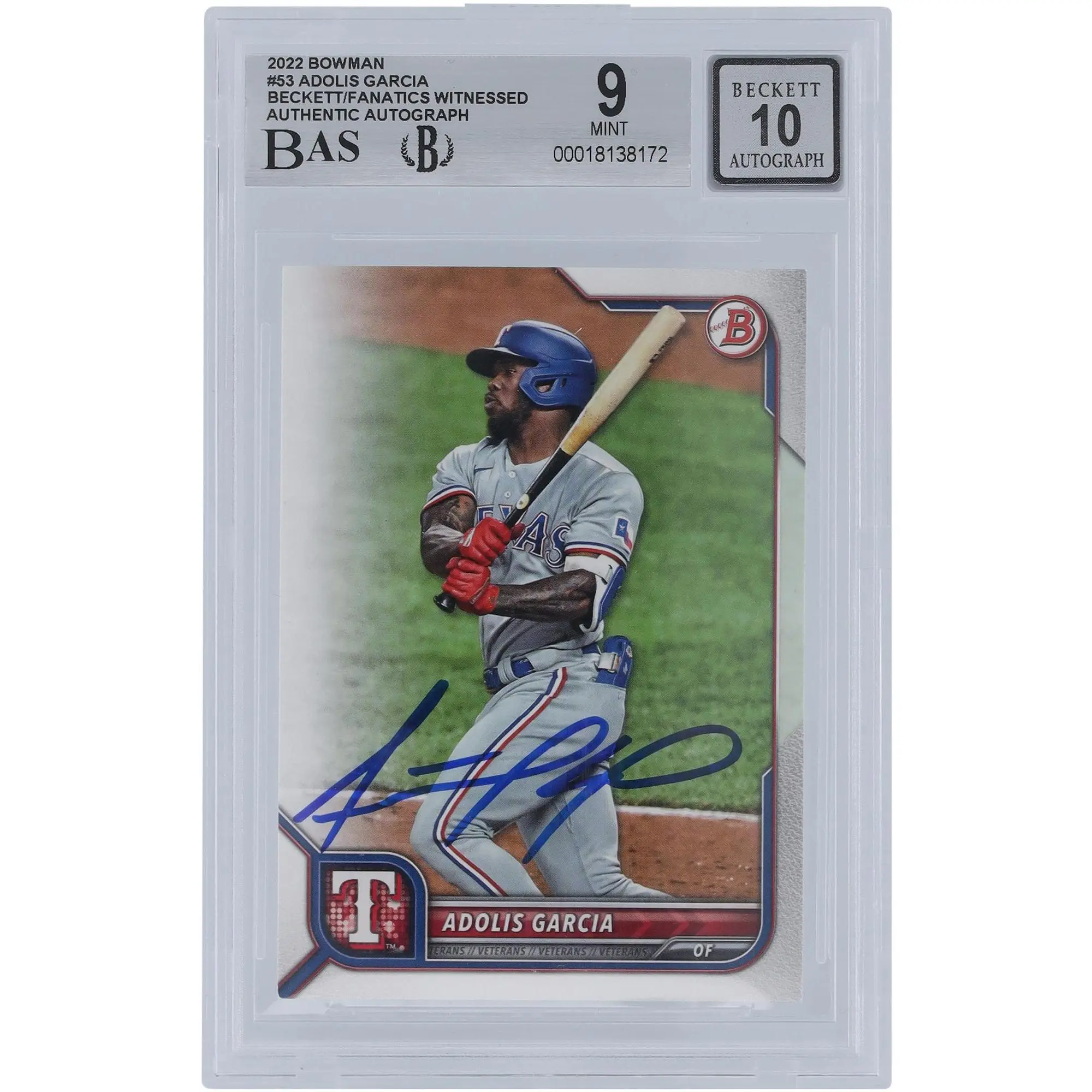 Adolis Garcia Texas Rangers Autographed 2022 Bowman #53 Beckett Fanatics Witnessed Authenticated 9/10 Card - Fanatics Authentic Certified