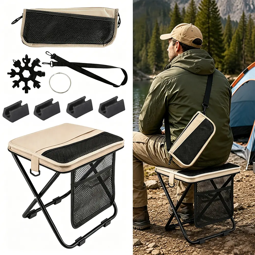 2-in-1 Foldable Oxford Stool & Sling Storage Bag Set - Portable Kitchen Utility Seat with 1 Chair, 4 Non-Slip Feet Pads, Shoulder Strap, Multi-Tool Wrench, Keychain for Camping, Beach Trips