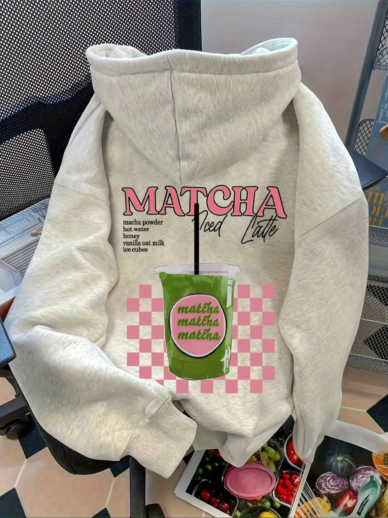 Women's Long Sleeve Dropped Shoulder Hoodie, Letter and Matcha Drink Print, Casual Everyday Drawstring Pocket Sweatshirt, Fall & Winter Fashion