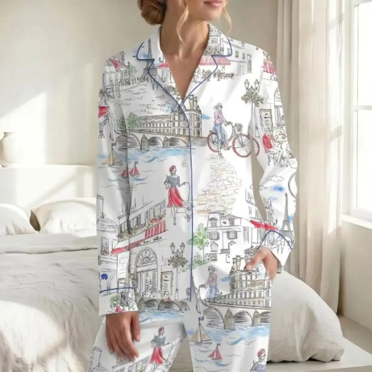 French Cityscape Pajama Set, Paris Toile Pajamas, Eiffel Tower Sleepwear, Parisian Sketch PJ Set, Women’s Satin Pajama