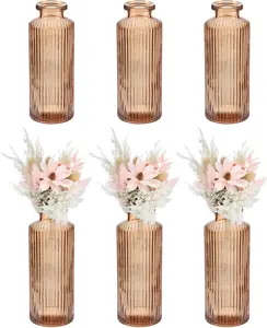 Amber Glass Bud Vase Set of 6, Small Flower Vases for Centerpiece, Ribbed Vintage Clear Mini Vases in Bulk Assorted for Rustic Wedding Floral Party Home Table Decor