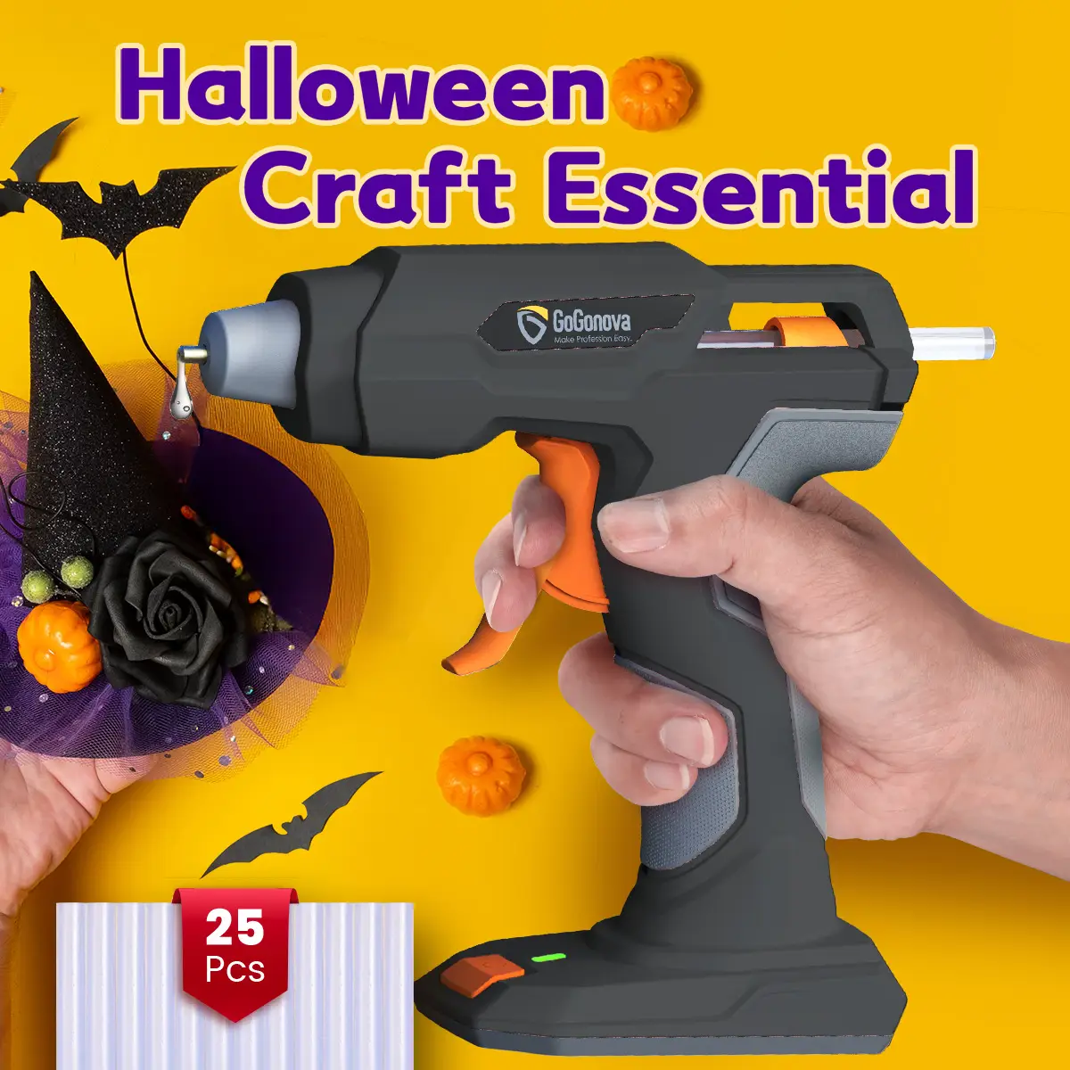 GoGonova Wireless Glue Gun Set with 25 Mini Adhesive Sticks - USB Type-C Rechargeable, Anti-Dripping, Ergonomic Handle, 2Ah USB Type-C Power Cell