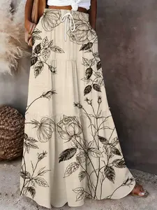 Sketch Rose Print Linen Maxi Skirt | Vintage Boho Chic Style Tiered Skirt Bohemian