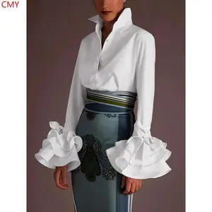 CMY Layered Flare Sleeve Blouse with Single Button, Elegant Spring/Fall Women's Top Fabric Shirts Polyester Womenswear Basic Chic