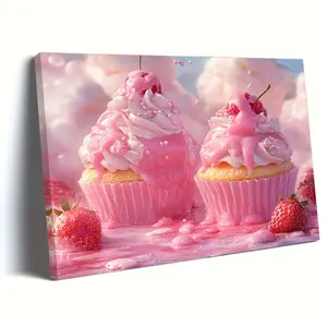 A Romantic Pink Love Dessert Painting with Wooden Frame - Vibrant Cup and Strawberry Print, Perfect for Kitchen/Living Room/Home Office Decoration, Ideal Valentine's Day or Easter Gift, Home Office Artwork|Vintage Style Art|Artistic Dessert Depiction