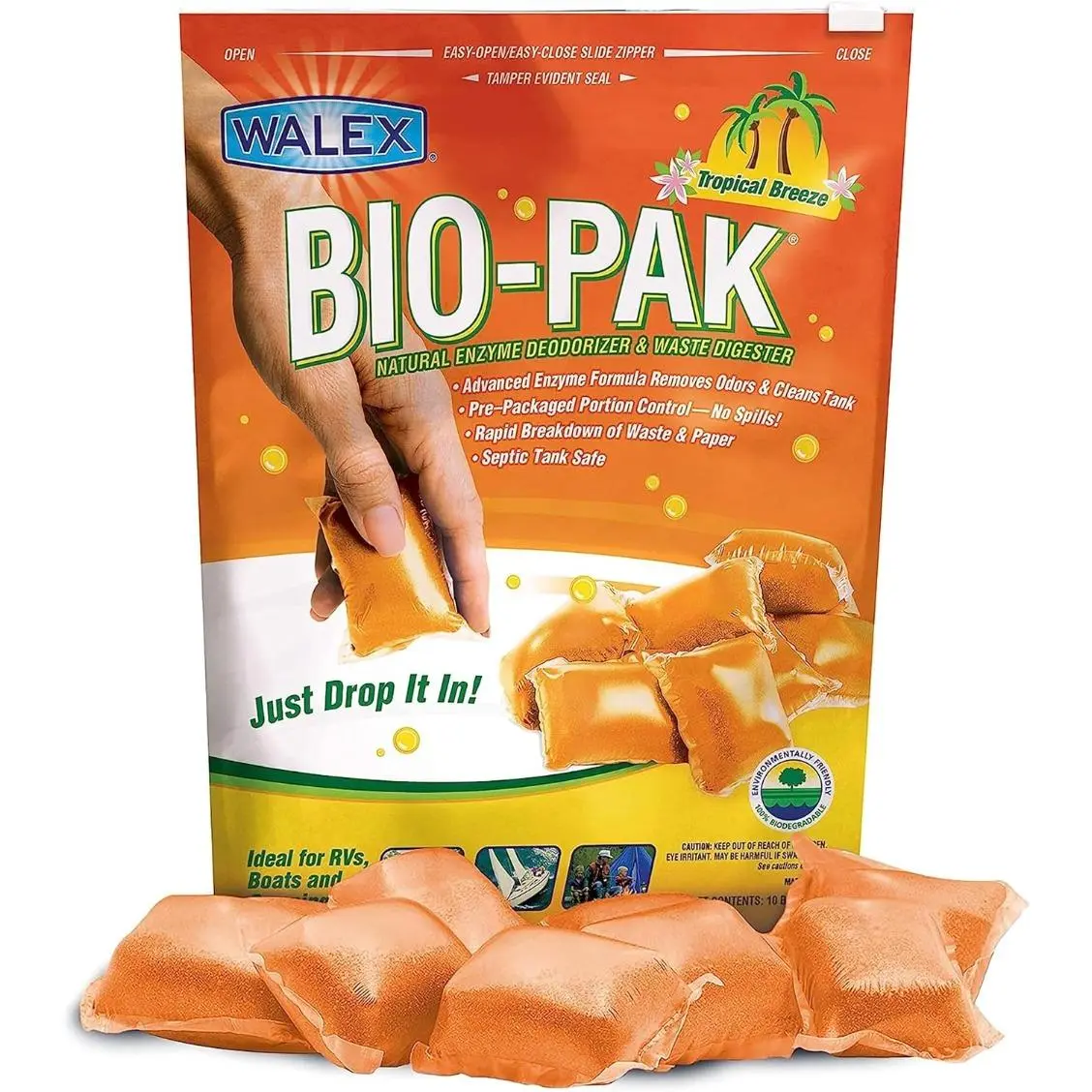 Bio-Pak Black Holding Tank Deodorizer & Waste Digester Drop-Ins-Advanced Enzyme Formula for Rapid Breakdown of Waste & Paper, Removes Odors & Cleans Tank; Tropical Breeze, 10-Pack