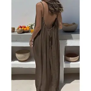 Women's Solid Color Open Back Tie Loose Casual Maxi Slip Beach Vacation Dresses