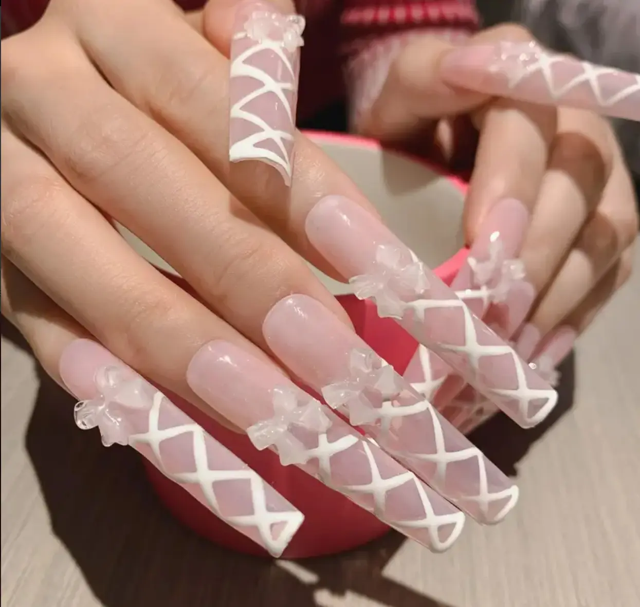 Nailrosy 10Pcs Handmade Extra Long Square White Bow Knot Y2k Cute Reusable Acrylic Press On Nails, Nail Kit Acrylic Set, Spring Summer 2026 New Design with Gift Box for Women’s Festivals & Birthdays