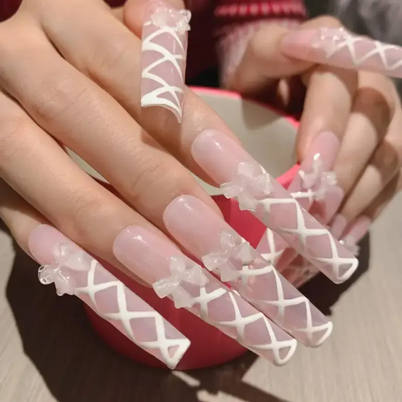 Nailrosy 10Pcs Handmade Extra Long Square White Bow Knot Y2k Cute Reusable Acrylic Press On Nails, Nail Kit Acrylic Set, Spring Summer 2026 New Design with Gift Box for Women’s Festivals & Birthdays, Press On Nail Sets