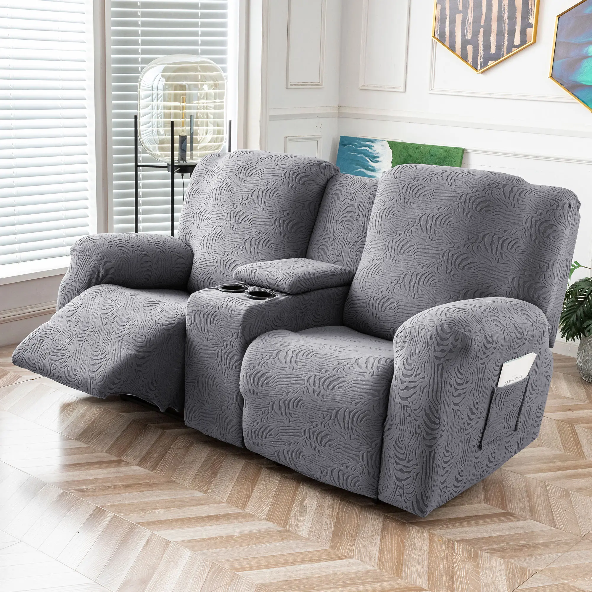 Stretch Loveseat Recliner Covers with Console, Jacquard Recliner Sofa Covers with Pockets, Furniture Protector with Elastic Straps Bottom