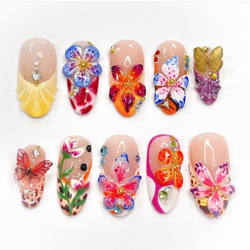 Tropical Flower 3D Wearable Nail Plate Three-Dimensional Dot Diamond Butterfly French Nail Plate Color False Nails with Vibrant Designs