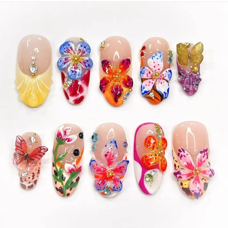 Tropical Flower 3D Wearable Nail Plate Three-Dimensional Dot Diamond Butterfly French Nail Plate Color False Nails with Vibrant Designs