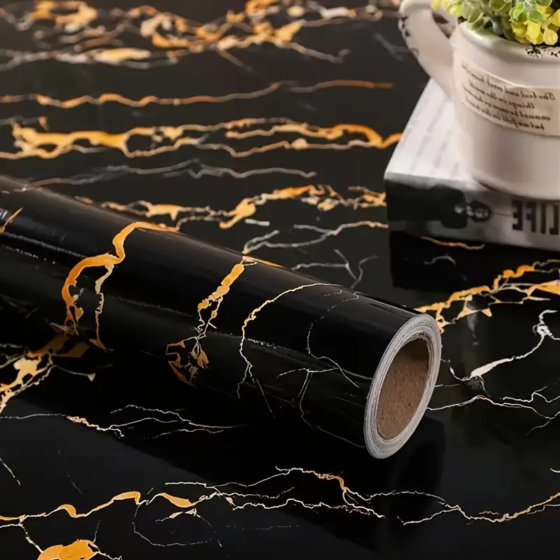 Pre-Pasted Black Marble Artificial Stone Modern Wallpaper, 0.15mm Thick, Self-Adhesive, Continuous Design, Seamless Matching, Easy Installation & Renovation, Suitable for Kitchen & Bathroom Wall Decor, Artificial Stone Wallpaper