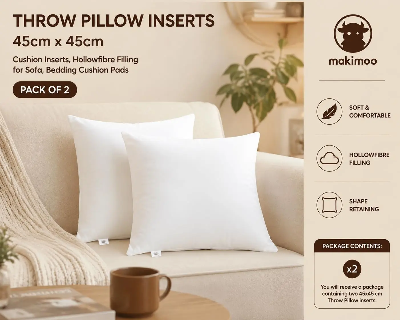 Cushion Inserts 45cm x 45cm (18" x 18"), Throw Pillow Inserts Hollowfibre Filling for Sofa, Bedding Cushion Pads (Pack of 2)
