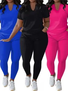 Plus Size Round Neck Set Casual Sports Crew Neck Short Sleeve Top & Long Trousers Outfit Women's Activewear Comfortable Sporty Suit