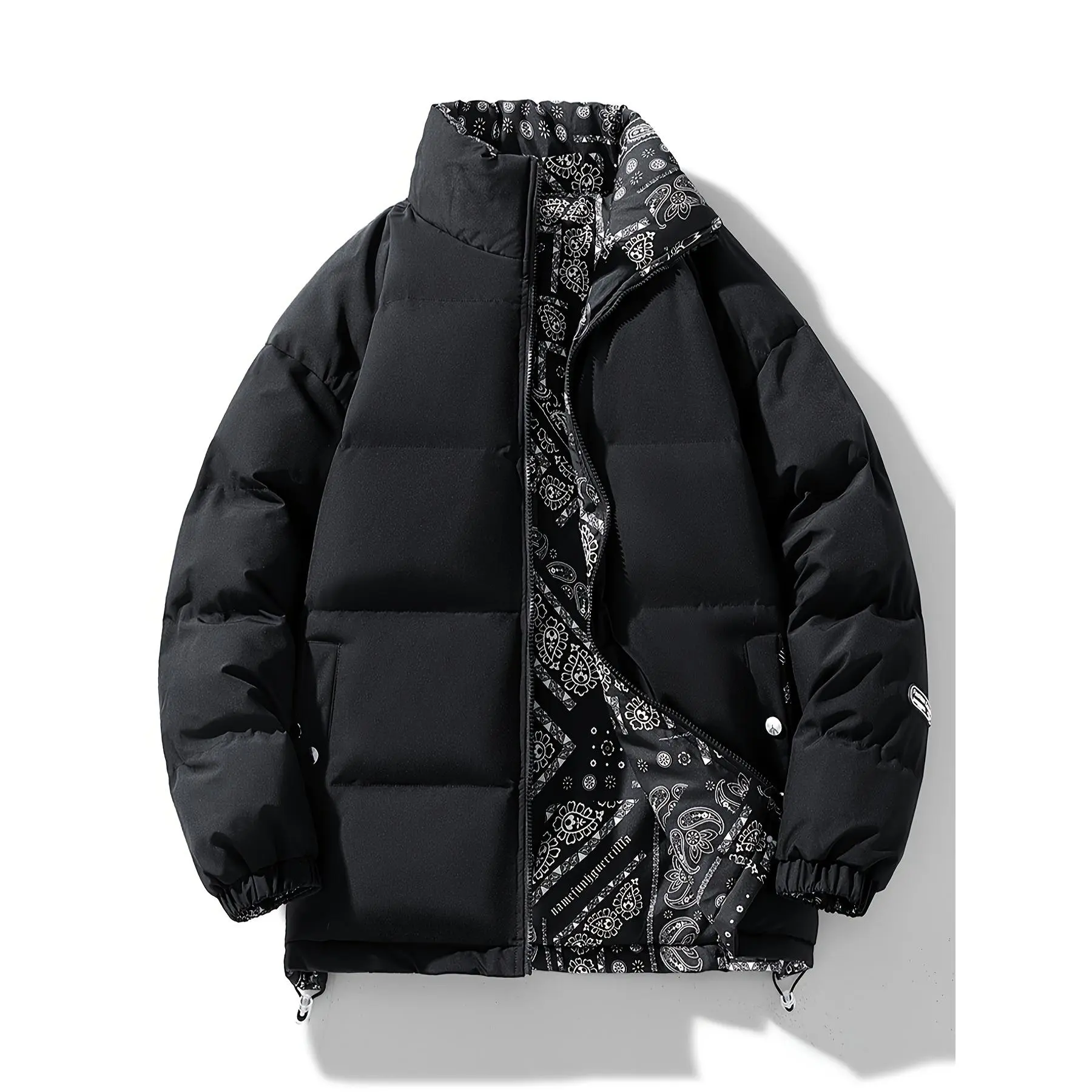 Men's Black Reversible Thick Padded Quilted Jacket - Long Sleeve Menswear Coat, Stylish Casual Paisley Pattern, Double-Sided Padded Insulation, Ideal for Fall Winter Outdoor Activities, Jackets