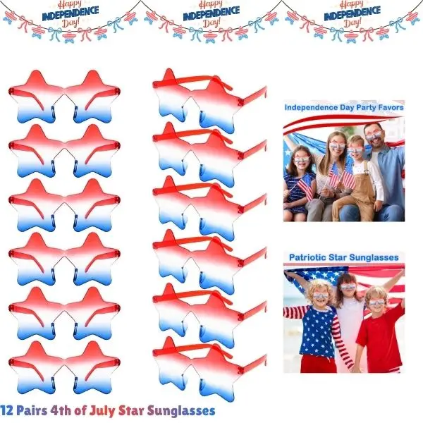 12 Pairs 4th of July Star Sunglasses, Happy Independence Day Patriotic American Flag Glasses for Women & Kids, USA Party Favors, Pool Party Decorations