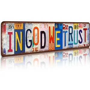 In God We Trust Vintage License Plate Art 16x4 Inch Aluminum Metal Sign - Patriotic & Religious Wall Decor for Entryway, Living Room, Church - Retro Tin Sign Gift for Christians, Patriots, Family