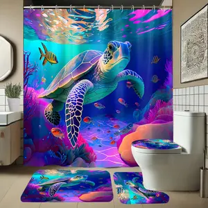 Underwater Turtle Pattern Shower Curtain Set, Includes Rug and Hooks, Non-Slip Bath Mat, U-Shaped Toilet Lid Cover Pad