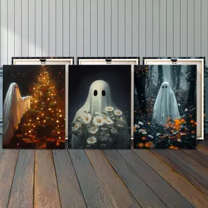 Ghost Pattern Canvas Painting with Frame, 3 Counts/set Ghost Holding Flower Series Wall Art, Wall Decor for Home Living Room Bedroom