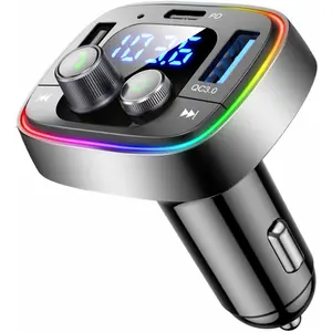 USB C Bluetooth Adapter for Car, AUX Wireless FM Radio Transmitter, Handsfree Calling &amp; Audio Receiver, MP3 Music Player, QC3.0 &amp; Type-C PD USB Car Charger,7 Colors LED Backlit