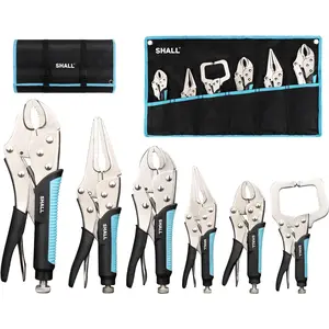 6-Piece Locking Pliers, Vice Grips Pliers Set, 5",7" & 10" Curved Jaw Locking Pliers, 6-1/2" & 9-1/2 Long Nose Locking Pliers, 6" Locking C-Clamp, Two-Color TPR Handle, Roll Up Pouch Included