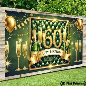 2D Flat, 1pc 60th Birthday Celebration Banner - 243.84x182.88cm Polyester Party Backdrop with Champagne & Golden Balloons Design, Hollywood Theme Indoor/Outdoor Decor for Birthdays, Weddings, Graduations Ornaments White