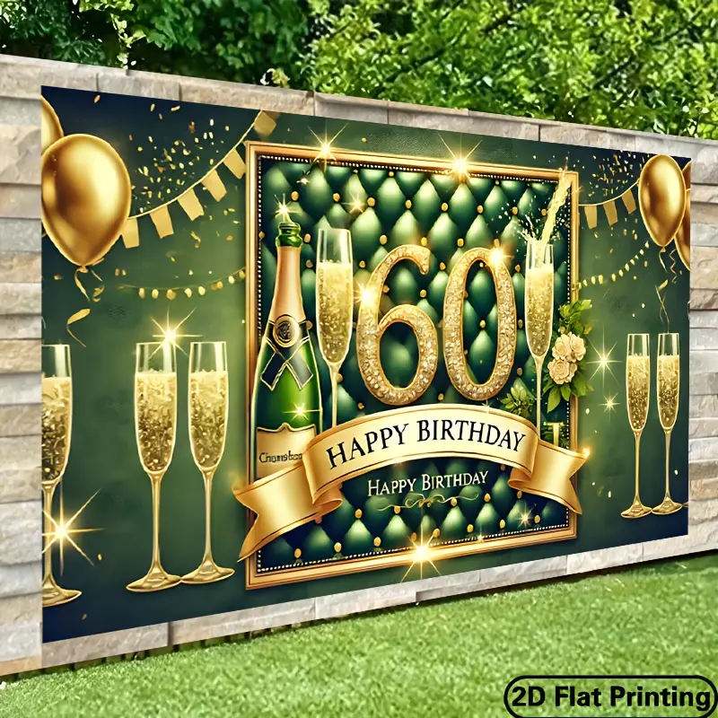 Glam 60th Birthday Decorative Banner - 1pc Soft Stain-Resistant Polyester Backdrop, 96x72in 2D Flat, Elegant Hollywood Theme with Champagne, Golden Balloons & Floral Accents, Indoor/Outdoor Party Decor