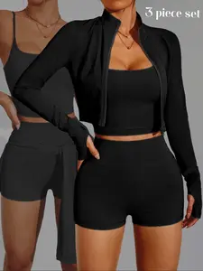 Women's Yoga Exercise Set, Casual Sexy Outdoor Running U-Back Top, Comfortable Waist Cinching Shorts, High Neck Long Sleeve Jacket