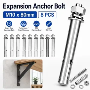 8 pieces of M10×80mm expansion bolts, stainless steel wall fasteners. Suitable for concrete, brick and masonry structures. These sleeve-type anchor bolts come with nuts and washers, ideal for brackets, supports and various DIY projects.