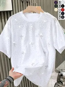 Unisex design featuring a water-crystal-embellished cross-shaped pattern on a T-shirt. A stylish, glam-inspired top that shines with modern design, perfect for showcasing refined and trendy fashion sense, suitable for everyday wear in school or at work,