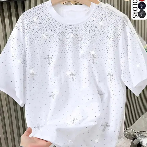 Unisex design featuring a water-crystal-embellished cross-shaped pattern on a T-shirt. A stylish, glam-inspired top that shines with modern design, perfect for showcasing refined and trendy fashion sense, suitable for everyday wear in school or at work,