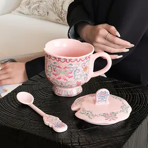 Pink Floral Ceramic Coffee Mug with Lid and Spoon, Vintage Court Style Porcelain Tea Cup, Coquette Aesthetic Cute Flower Petal Water Cup, Elegant Gift for Women